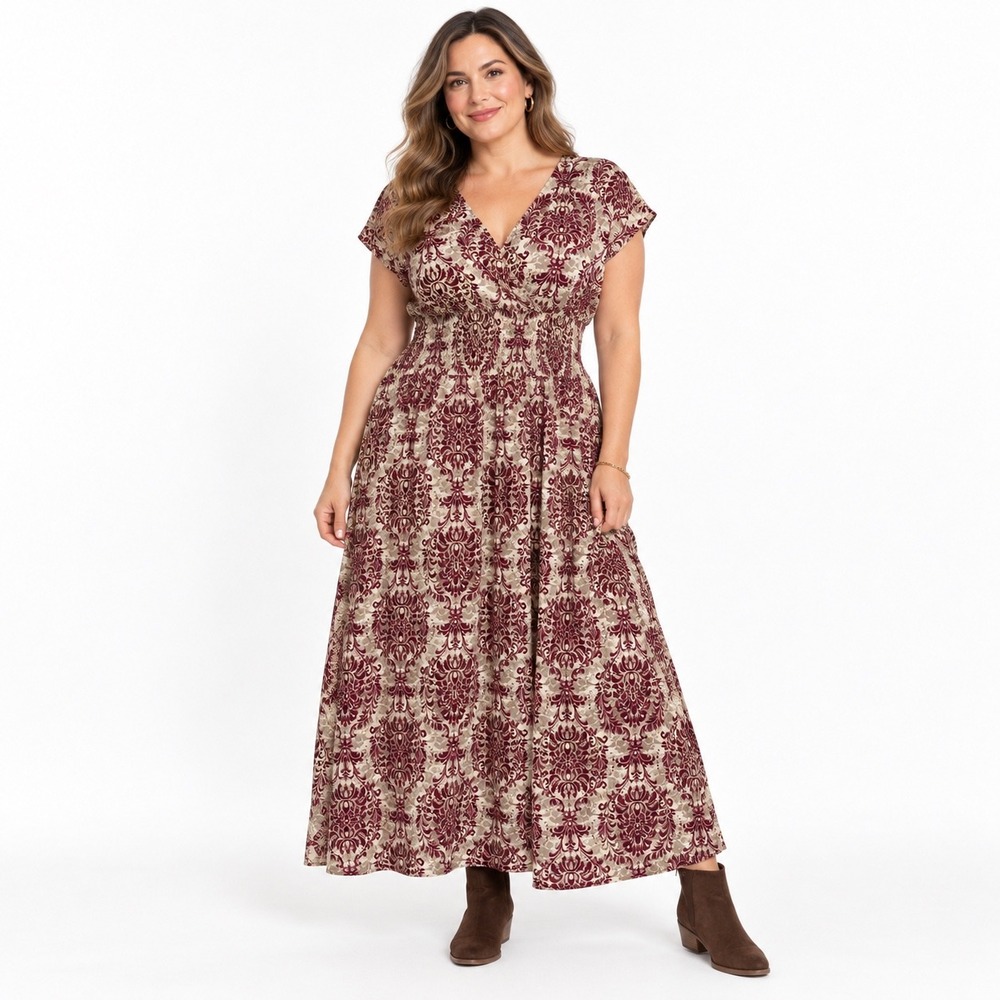 Burgundy Damask Maxi Dress Women's XXL Smocked Waist Boho Fall